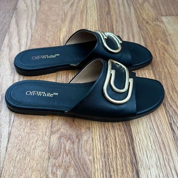 Off-White Paperclip Leather Sandals Black Gold Women’s Size 37 - Picture 4 of 9